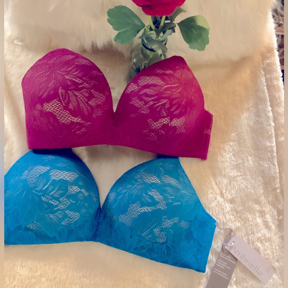 Ambrielle Lace T-Shirt Bras in Fuchsia and Teal